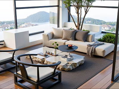 Hotel Public Lounge Area Interior With Large Windows Mountain And Lake Views Sofa Coffee Table 3d model