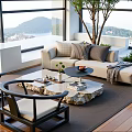 Hotel Public Lounge Area Interior With Large Windows Mountain And Lake Views Sofa Coffee Table