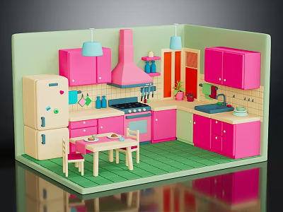 Pink And White Kitchen Interior Design With Pendant Lights Hanging Utensils And Table Chairs 3d model