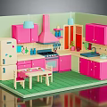 Pink And White Kitchen Interior Design With Pendant Lights Hanging Utensils And Table Chairs