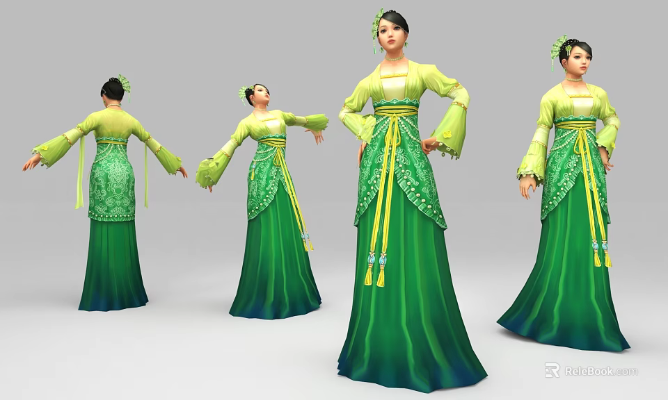 Traditional Green And Yellow Costumed Female Characters With Long Dresses Sash And Tassels 3d model 