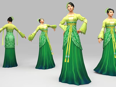Traditional Green And Yellow Costumed Female Characters With Long Dresses Sash And Tassels 3d model