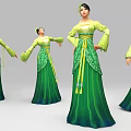 Traditional Green And Yellow Costumed Female Characters With Long Dresses Sash And Tassels