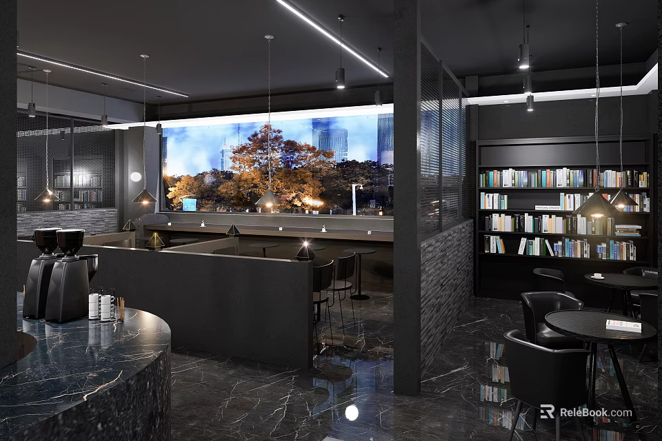 Modern Café Interior Design With Black Bar Marble Counter Bookshelves And City View 3d model 