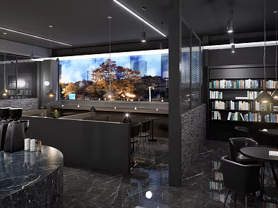 Modern Café Interior Design With Black Bar Marble Counter Bookshelves And City View 3d model