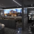 Modern Café Interior Design With Black Bar Marble Counter Bookshelves And City View