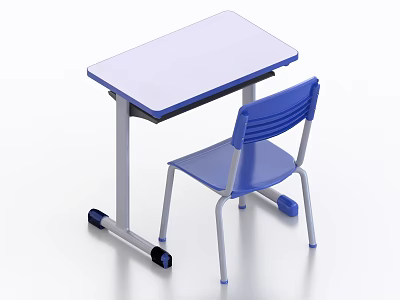 Student Desk and Chair Set with White Tabletop Blue Accents and Rolling Wheels 3d model