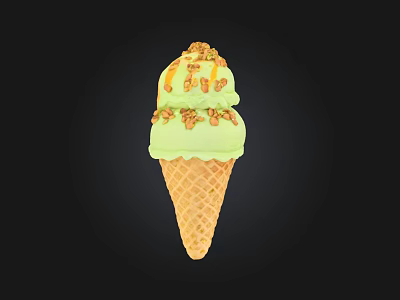 Delicious Green Ice Cream Cone Topped With Caramel Sauce And Crushed Nuts 3d model