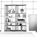 Modern Bookshelf With Black Frame Wooden Shelves Green Plants Decorations And White Marble Wall
