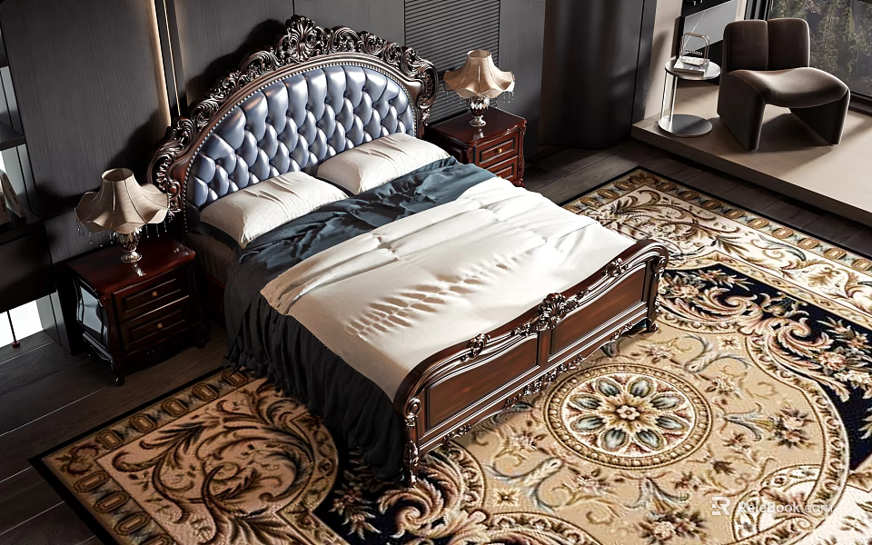 Carved Double Bed With Blue Tufted Headboard Wooden Frame Nightstands Table Lamps And Patterned Rug 3d model 