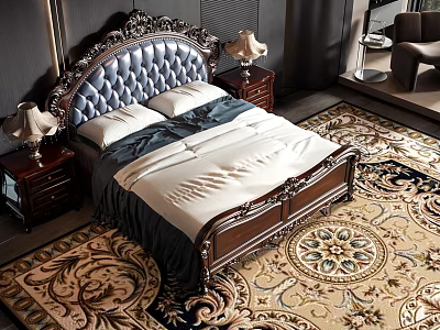 Carved Double Bed With Blue Tufted Headboard Wooden Frame Nightstands Table Lamps And Patterned Rug 3d model
