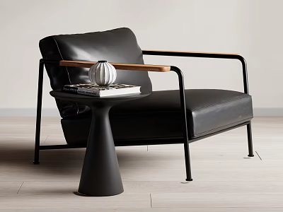 Modern Black Leather Accent Chair With Wooden Armrests Side Table Books And Decorative Object 3d model