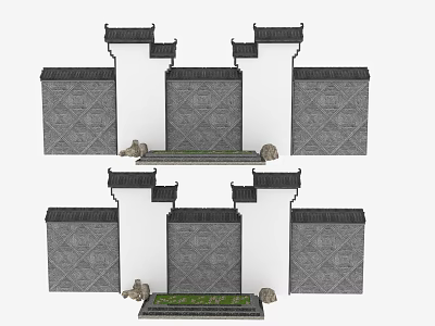 Chinese Garden Landscape Featuring Gray Tiled White Walls Intricate Carved Walls Stone Lions Green Plants 3d model