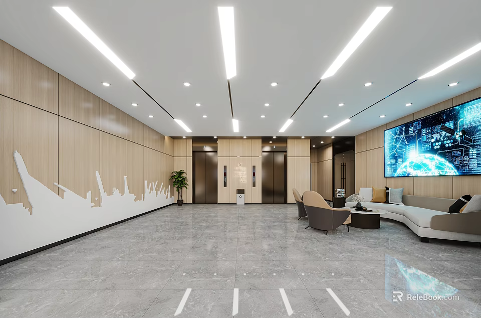 Modern Lobby Interior Design with Wooden Walls Marble Floor Sofas Large Screen and Ceiling Lights 3d model 