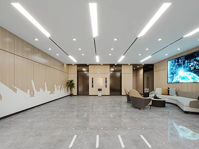 Modern Lobby Interior Design with Wooden Walls Marble Floor Sofas Large Screen and Ceiling Lights 3d model