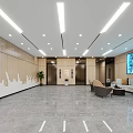Modern Lobby Interior Design with Wooden Walls Marble Floor Sofas Large Screen and Ceiling Lights