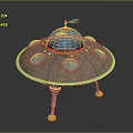 Alien Character And Extraterrestrial Being In UFO With Transparent Dome Green Ring And Colored Structures