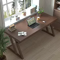 Modern Wooden Home Office Table and Chair Set with Laptop Books Plants and Natural Light