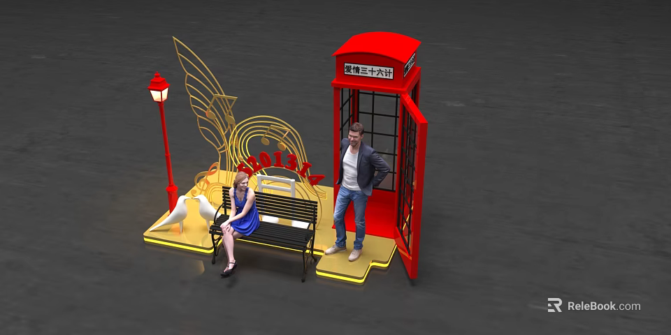 SOHO Scene with Red Telephone Booth Bench Street Lamp Wing Decoration Pigeons and People 3d model 