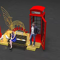 SOHO Scene with Red Telephone Booth Bench Street Lamp Wing Decoration Pigeons and People