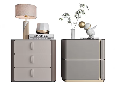 Modern Gray Bedside Tables With Drawer Cabinet Design And Decorative Lamp Books Vase 3d model