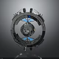 Futuristic Space Station Model Featuring Circular Metallic Framework Spherical Core And Blue Accents 3d model