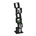 Black Modern Bookshelf With Irregular Compartments Featuring Books And Green Decorative Bottle