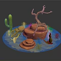 Cartoon Desert Scene With Cactus Dead Tree Skeleton Hat And Dry Grass 3d model