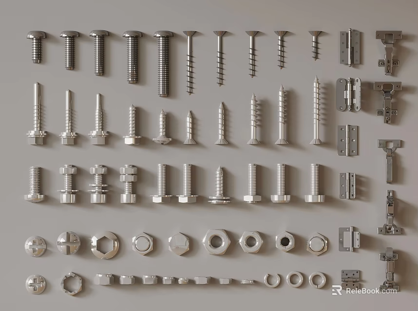 Display Of Assorted Metal Fasteners Screws Bolts Nuts Washers And Hinges 3d model 
