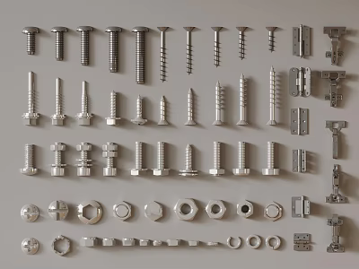 Display Of Assorted Metal Fasteners Screws Bolts Nuts Washers And Hinges 3d model