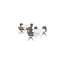 White Round Dining Table Set With Brown Leather Chairs And Cross Metal Legs