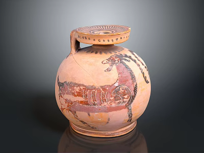 Ancient Painted Pottery Jar With Goat Motif Lid And Decorative Design 3d model