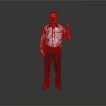 Man In White Shirt And Dark Pants Standing With Fist Raised Against Grey Background