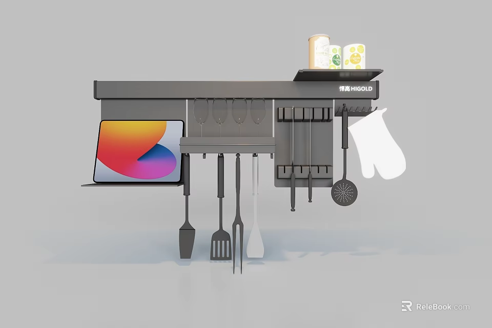 Modern Wall Mounted Kitchen Cabinets With Hanging Utensils Knives Tablet And Condiments 3d model 