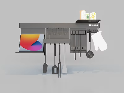 Modern Wall Mounted Kitchen Cabinets With Hanging Utensils Knives Tablet And Condiments 3d model