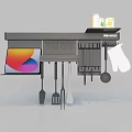Modern Wall Mounted Kitchen Cabinets With Hanging Utensils Knives Tablet And Condiments 3d model