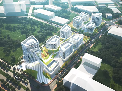 Aerial View Planning of Modern Urban Complex With Green Spaces And Road Networks 3d model