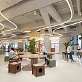 Modern Open Leisure Area Interior With Curved Lights Wooden Crates And Green Plants