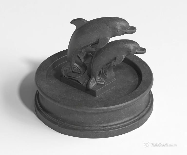 Ornamental Landscape Sculpture Featuring Two Leaping Dolphins on Circular Base 3d model 