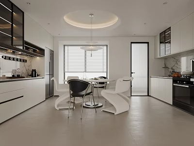 Modern Restaurant Interior Design With Open Layout Round Dining Table Pendant Lighting And White Cabinets 3d model