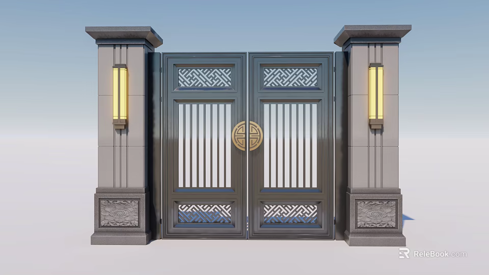 Chinese Style Gate With Stone Pillars Hanging Lanterns And Intricate Carved Patterns 3d model 
