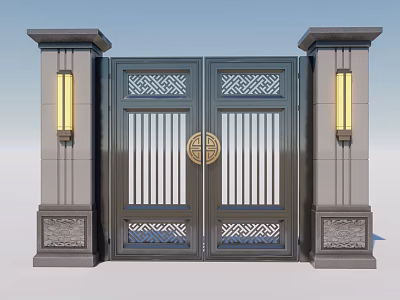 Chinese Style Gate With Stone Pillars Hanging Lanterns And Intricate Carved Patterns 3d model