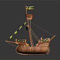 Wooden Model Sailing Ship With Mast Black Yellow Flags And Decorative Design