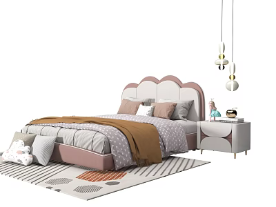 Kids Bed With Curved Pink White Headboard Soft Pillows Cozy Blanket Bedside Table And Geometric Rug 3d model