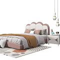 Kids Bed With Curved Pink White Headboard Soft Pillows Cozy Blanket Bedside Table And Geometric Rug