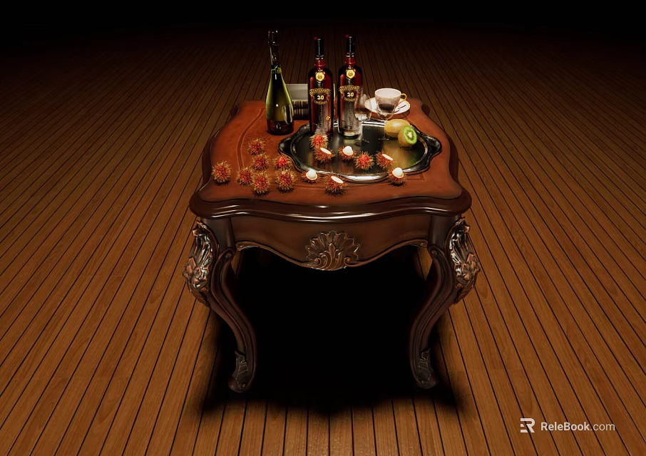 Elegant Wooden Table With Wine Bottles Wine Glasses Fruits And Teacup On Carved Wooden Floor 3d model 