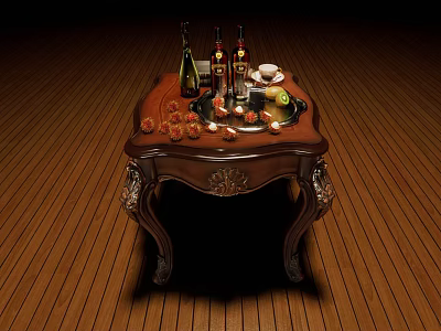 Elegant Wooden Table With Wine Bottles Wine Glasses Fruits And Teacup On Carved Wooden Floor 3d model