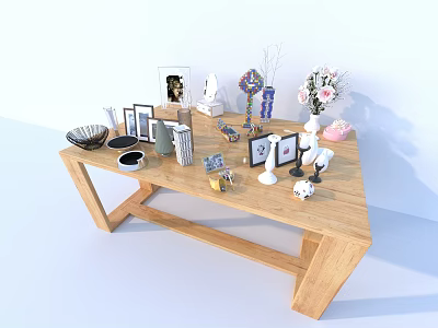 Decorative Ornaments Combination on Wooden Table with Photo Frames Vase Sculptures and Small Decor Items 3d model