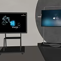 Modern Televisions on Metal Stands with Screens Displaying Digital Content and Curved Lighting