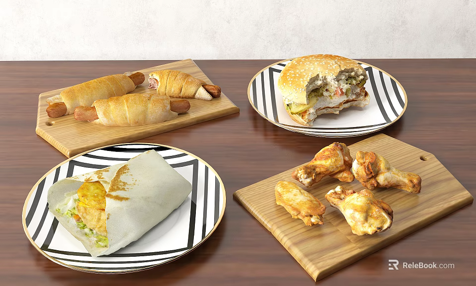 Delicious Fast Food Assortment With Wrap Croissant Burger And Fried Chicken 3d model 